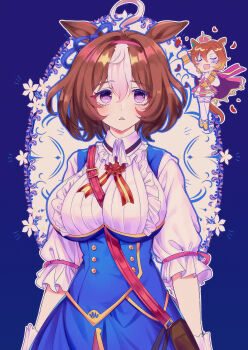 2girls absurdres ahoge animal_ears armor bag between_breasts blue_dress blush bow breasts brown_hair camellia_(camel_mal) cape closed_eyes crown double-parted_bangs dress ear_ornament ear_ribbon gloves hair_between_eyes hairband headband highres horse_ears horse_girl horse_tail jewelry large_breasts long_sleeves looking_at_viewer medium_hair meisho_doto_(turbulent_blue)_(umamusume) meisho_doto_(umamusume) mini_crown multicolored_hair multiple_girls open_mouth orange_hair orange_tail pink_cape pink_crown pink_hairband pink_headband pink_skirt purple_eyes shirt short_hair shoulder_armor shoulder_bag skirt smile strap_between_breasts t.m._opera_o_(o_sole_suo!)_(umamusume) t.m._opera_o_(umamusume) tail thighhighs two-tone_hair two-tone_skirt umamusume white_dress white_gloves white_hair white_shirt white_skirt white_thighhighs