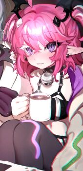 1girl ahoge bell black_bra blush bra camila_(cami_1.0)_(vtuber) camila_(vtuber) closed_mouth cloud_(lufaeris) coffee coffee_mug commentary cowboy_shot cup ear_piercing english_commentary hair_between_eyes highres holding holding_cup indie_virtual_youtuber jingle_bell looking_at_viewer mug piercing pink_hair pointy_ears purple_eyes short_hair sitting smile solo two_side_up underwear virtual_youtuber