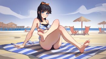 1girl absurdres barefoot beach beach_chair beach_towel bikini black_hair blue_eyes blue_sky blush breasts collarbone commentary commission crossed_legs day dethmaid english_commentary eyelashes feet full_body gridman_universe hair_ornament highres knees_together_feet_apart legs long_hair looking_at_viewer medium_breasts ocean outdoors ponytail second-party_source shadow sitting sky smile soles solo ssss.gridman swimsuit takarada_rikka thick_thighs thighs toes towel