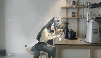 1girl absurdres ahoge animal_ears belt black_belt black_hair black_ribbon black_skirt book closed_mouth coffee_bag coffee_grinder coffee_pot cup disposable_cup ear_tag earrings frilled_shirt frills hair_between_eyes highres holding holding_book horse_ears horse_girl horse_tail jewelry koruhiraystt light_switch long_bangs long_hair long_hair_between_eyes long_skirt long_sleeves manhattan_cafe_(umamusume) mug multicolored_hair neck_ribbon on_table open_book photo_background ribbon see-through_clothes shirt shirt_tucked_in sidelocks single_earring sitting skirt smile solo table tail twintails umamusume very_long_hair white_hair yellow_shirt