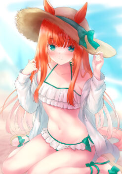 1girl absurdres animal_ears bikini blunt_bangs bow breasts brown_hat brown_sandals cleavage closed_mouth collarbone commentary_request ears_through_headwear green_bow green_eyes hand_on_headwear hat hat_bow hat_ribbon highres horse_ears horse_girl jacket long_hair long_sleeves looking_at_viewer navel orange_hair ribbon sandals sasaminiku_(chickenbstrips) silence_suzuka_(umamusume) sitting small_breasts smile solo stomach straw_hat sun_hat swimsuit umamusume wariza white_bikini white_jacket