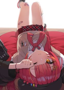 Rule 34 | 1girl, :3, absurdres, bandaid, bandaid on knee, bandaid on leg, beret, black hat, black jacket, black shoes, blush, breasts, brown cardigan, cardigan, center-flap bangs, cherry hat ornament, closed mouth, collared shirt, commentary request, full body, hat, hat ornament, highres, jacket, kneehighs, large breasts, looking at viewer, lying, neckerchief, nekota tsuna, nekota tsuna (4th costume), object in pocket, on back, one eye closed, open clothes, open jacket, orange eyes, orange hair, paw hair ornament, pen, pen in pocket, plaid clothes, plaid skirt, pleated skirt, pocket, red hair, red jacket, red neckerchief, red skirt, rubbing eyes, sanbi1313, school uniform, shirt, shoes, simple background, skirt, smile, socks, solo, two-sided fabric, two-sided jacket, virtual youtuber, vspo!, white background, white shirt, white socks