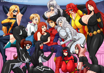 1boy 6+girls animal_print animification anya_corazon aqua_bodysuit asymmetrical_hair avengers_(series) black_bodysuit black_cat_(marvel) black_gloves black_hair black_mask black_widow blonde_hair blue_bodysuit blue_eyes blush bodysuit boots breasts brown_eyes brown_hair carol_danvers choker cindy_moon cleavage covered_erect_nipples covered_navel deadpool_(series) domino_mask elbow_gloves eye_mask eyebrow_piercing face_piercing felicia_hardy firestar_(marvel) fur-trimmed_bodysuit fur_trim gloves green_eyes gwen_stacy harem hida_haruka hood hood_down hooded_bodysuit huge_breasts impossible_clothes impossible_leotard jessica_drew large_breasts latex latex_bodysuit leotard long_hair long_sleeves marvel mary_jane_watson mask medium_breasts mouth_mask ms._marvel ms._marvel_(series) multicolored_bodysuit multiple_girls natasha_romanoff pants peter_parker piercing pink_bodysuit ponytail print_bodysuit red_bodysuit red_hair red_mask rud-k sakura_spider sash short_hair sidecut silk silk_(marvel) silver_sable silver_sablinova skin_tight smile spider-girl spider-gwen spider-man spider-man_(series) spider-verse spider-verse_(comics) spider-woman spider_print spider_web_print superhero_costume thighhighs two-tone_bodysuit undercut waist_sash white_bodysuit white_hair yellow_bodysuit yellow_gloves