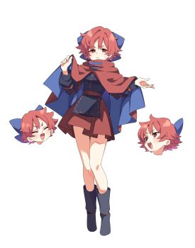 Rule 34 | 1girl, absurdres, baba (baba seimaijo), black boots, black shirt, blue bow, boots, bow, cape, closed eyes, commentary request, disembodied head, floating head, full body, hair bow, highres, long sleeves, looking at viewer, open mouth, red cape, red eyes, red hair, red skirt, ribbon-trimmed bow, ribbon trim, sekibanki, shirt, short hair, simple background, skirt, smile, solo, teeth, touhou, upper teeth only, white background