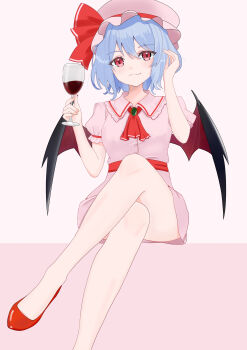 1girl absurdres ascot bat_wings blue_hair brooch closed_mouth collared_shirt commentary_request crossed_legs cup drinking_glass frilled_shirt_collar frills hat hat_ribbon highres holding holding_cup jewelry looking_at_viewer mob_cap pink_background pink_hat pink_shirt pink_skirt puffy_short_sleeves puffy_sleeves red_ascot red_eyes red_shoes remilia_scarlet ribbon shirt shoes short_sleeves sitting skirt skirt_set smile solo tinatama touhou wings