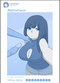 1boy 1girl :/ after_paizuri black_hair blue_theme blunt_bangs blush breasts censored cleavage_cutout closed_mouth clothed_female_nude_male clothing_cutout collarbone cum cum_on_body cum_on_breasts cum_on_upper_body dated denim denim_shorts ekz_(robotekz) english_text erection hand_on_another's_shoulder hashtag highres large_breasts long_hair looking_at_viewer monochrome mosaic_censoring nude original penis pov reaching reaching_towards_viewer selfie shirt short_shorts shorts sketch sleeveless sleeveless_shirt solo_focus time twitter twitter_username