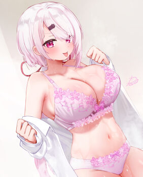 1girl artist_name blush bow bow_bra bow_panties bra breasts cleavage collarbone commentary_request festa11307070 floral_print floral_print_bra floral_print_panties hair_ornament hair_ribbon hairclip huge_breasts long_hair long_sleeves looking_at_viewer low_ponytail navel nijisanji open_clothes open_shirt panties pink_bow pink_bra pink_eyes pink_hair pink_panties ponytail print_panties red_ribbon ribbon shiina_yuika shirt signature sleeves_past_wrists solo steaming_body stomach sweat thighs tongue tongue_out underwear virtual_youtuber white_background white_shirt