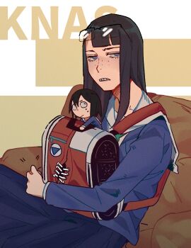 Rule 34 | 2girls, asakusa midori, asymmetrical bangs, backpack, bag, black hair, commentary, eizouken ni wa te wo dasu na!, eyewear on head, freckles, glasses, highres, kanamori sayaka, long hair, multiple girls, necktie, school uniform, shibahama high school uniform, short hair, sitting, takao (88499191)