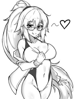 1girl :q adjusting_clothes adjusting_swimsuit bare_shoulders black-framed_eyewear breasts cleavage collarbone commentary competition_swimsuit covered_navel english_commentary fate/grand_order fate_(series) glasses greyscale highres impossible_clothes impossible_swimsuit jacket jeanne_d'arc_(fate) jeanne_d'arc_(swimsuit_archer)_(second_ascension)_(fate) large_breasts long_hair looking_at_viewer monochrome one-piece_swimsuit ponytail simple_background smile solo swimsuit tongue tongue_out vemus_01 very_long_hair white_background white_one-piece_swimsuit