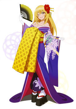 1girl ;d absurdres blonde_hair floral_print flower folding_fan full_body gloves hair_flower hair_ornament hand_fan highres holding holding_fan japanese_clothes kimono long_hair long_sleeves looking_at_viewer off_shoulder one_eye_closed open_mouth platform_clogs print_sleeves purple_kimono red_flower shokuhou_misaki smile solo standing straight_hair symbol-shaped_pupils tabi toaru_kagaku_no_railgun toaru_kagaku_no_railgun_t toaru_majutsu_no_index very_long_hair white_background white_gloves white_legwear wide_sleeves yoshida_yuuko_(animator)