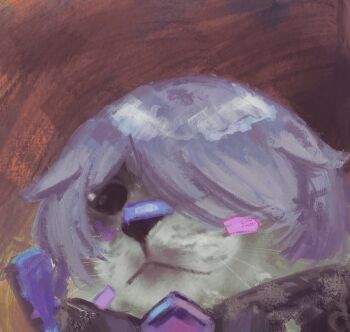 animal_focus bandaid bandaid_on_face cat cosplay gem grey_hair hair_over_one_eye highres hololive hololive_english jessciaronie john_cat_(koseki_bijou) koseki_bijou koseki_bijou_(casual) koseki_bijou_(cosplay) no_humans purple_gemstone virtual_youtuber