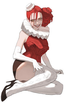 Rule 34 | absurdres, black skirt, crazy smile, gloves, hair bun, hat, highres, looking at viewer, neck ruff, ori dal, original, red hair, red shirt, shirt, single side bun, skirt, smile, socks, white background, white gloves, white hat, white socks, yellow eyes