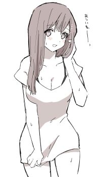 1girl absurdres black_bra blush bra breasts cleavage collarbone greyscale hair_ornament hairclip highres long_hair looking_at_viewer monochrome open_mouth pirorr simple_background skirt smile solo sophia_esteed spot_color star_ocean star_ocean:_till_the_end_of_time sweat underwear white_background