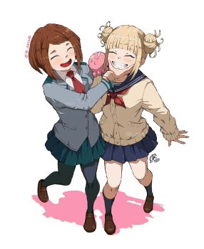 1other 2girls artist_name blonde_hair blush boku_no_hero_academia breasts brown_hair brown_shoes closed_eyes commentary crossover double_bun english_commentary fingernails hair_bun jk_arts leggings long_sleeves multiple_girls necktie open_mouth pleated_skirt school_uniform serafuku shadow shoes short_hair signature skirt small_breasts smile takopii takopii_no_genzai teeth toga_himiko upper_teeth_only uraraka_ochako white_background