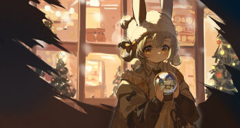1girl absurdres animal_ears arknights beanie brown_eyes christmas christmas_tree closed_mouth grey_hair hair_rings hat highres holding holding_snow_globe jacket long_sleeves looking_at_viewer official_alternate_costume rabbit_ears rabbit_girl shio_(shiofeifei) snow_globe solo warmy_(arknights) warmy_(warm_velvet_at_the_corner)_(arknights) white_hat
