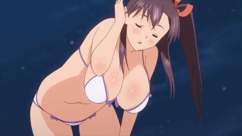 1girl amaya_haruko animated animated_gif blue_eyes blush bra bra_pull breasts cleavage clothes_pull female_focus large_breasts long_hair maken-ki! maken-ki!_two open_bra open_mouth ponytail purple_hair solo space takami_akio underwear