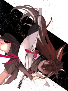 1girl arm_up black_bow black_hair black_shorts bow capelet ear_piercing fate/grand_order fate_(series) grey_eyes hair_bow highres kamigokuin katana kawakami_gensai_(fate) kawakami_gensai_(first_ascension)_(fate) long_hair long_sleeves looking_at_viewer multicolored_hair parted_lips piercing red_bow red_ribbon ribbon scabbard sheath shorts sideways solo streaked_hair sword very_long_hair waist_ribbon weapon white_capelet white_hair