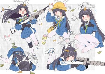 Rule 34 | 1girl, ?, absurdres, aiming, animal ears, arrow (symbol), autumn leaves, bag, black gloves, black hair, blue archive, blue serafuku, blue shirt, blue skirt, blush stickers, commentary, cowering, fake animal ears, feet up, gloves, graph paper, green neckerchief, grey halo, gun, halo, hat, highres, holding, holding gun, holding weapon, knee pads, leaf, long hair, long sleeves, looking at viewer, lying, miyu (blue archive), multiple views, neckerchief, no shoes, notice lines, on side, on stomach, open mouth, panties, pantyhose, pleated skirt, polka dot, polka dot panties, recycling symbol, red eyes, ryuuforkaf, school hat, school uniform, serafuku, shirt, shoulder bag, single knee pad, sitting, skirt, snake, trembling, trigger discipline, underwear, untranslatable commentary, wariza, weapon, white panties, white pantyhose, yellow bag, yellow hat
