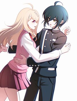 1boy 1girl ahoge akamatsu_kaede black_jacket black_pants blonde_hair breasts collared_shirt danganronpa_(series) danganronpa_v3:_killing_harmony eye_contact fortissimo hair_ornament highres jacket kimioharuka long_hair long_sleeves looking_at_another miniskirt musical_note musical_note_hair_ornament necktie open_mouth pants pleated_skirt saihara_shuichi shirt short_hair skirt smile vest white_shirt