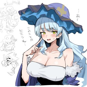 Rule 34 | 1girl, aqua hair, bare shoulders, blue dress, blue hair, blue hat, boyfriend (friday night funkin'), breasts, cleavage, cropped torso, dress, duel masters, finger to own chin, friday night funkin', frilled hat, frills, fur-trimmed sleeves, fur trim, hat, highres, large breasts, large hat, long hair, majin sonic, multicolored dress, multicolored hat, open mouth, purple dress, sans (undertale), shakogairu (duel masters play's), shy, solo, sonic (series), sonic cd, sonic the hedgehog (classic), strapless, strapless dress, toriyarou, undertale, utdr (toby fox), white background, white dress, yellow eyes