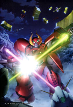 1990s_(style) absurdres angel_halo_(gundam) artist_request battle beam_cannon cloud cloudy_sky crossed_swords duel earth_federation energy_beam energy_sword fleet flying glowing gottrlatan gun_blastor gundam gundam_perfect_file highres magazine_scan mecha mecha_focus military_vehicle mobile_suit mountain night painting_(medium) realistic retro_artstyle rig_contio robot scan scene_reference science_fiction sky space_habitat spacecraft star_(sky) sword traditional_media v-fin v_gundam victory_gundam weapon zanscare