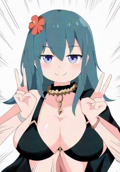 1girl bikini black_bikini blue_eyes blue_hair breasts byleth_(fire_emblem) cape cleavage closed_mouth female_byleth_(fire_emblem) female_byleth_(summer)_(fire_emblem) fire_emblem fire_emblem:_three_houses fire_emblem_heroes flower genbu_(user_unhx5348) hair_flower hair_ornament hibiscus highres large_breasts long_hair looking_at_viewer nintendo official_alternate_costume red_flower sideboob smile solo swimsuit upper_body
