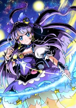 1girl blue_eyes bow_(weapon) breasts cleavage crescent crescent_earrings cure_selene damaged dress earrings hair_ornament heart_pouch highres jewelry kaguya_madoka long_hair looking_at_viewer magical_girl medium_breasts precure purple_dress purple_hair short_sleeves smile star_color_pen star_twinkle_precure wakabayashi_makoto weapon