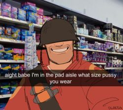 Rule 34 | 1boy, artist name, commentary, covered eyes, dloeza, english text, explosive, facing viewer, grenade, grin, hashtag-only commentary, helmet, highres, long sleeves, male focus, meme, menstrual pad, photo background, smile, snapchat, soldier (tf2), solo, supermarket, team fortress 2, teeth, upper body, what size pussy you wear (meme)