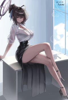 1girl absurdres artist_name black_hair blue_archive breasts cleavage closed_mouth crossed_legs dark-skinned_female dark_skin dated desk hair_bun hair_ribbon halo high_heels highres jewelry karin_(blue_archive) large_breasts light_particles necklace office_lady on_desk pencil_skirt purple_halo revision ribbon shirt sitting skirt solo thighs ticker_(kks2ksy) white_shirt window yellow_eyes