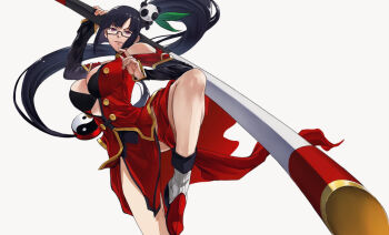 1girl arc_system_works bare_shoulders black_bra black_hair blazblue bo_staff bra breasts china_dress chinese_clothes cleavage cleavage_cutout clothing_cutout dress gauss_&lt;bokashi glasses hair_ornament high_ponytail highres holding holding_behind_back holding_polearm holding_polearm_behind_back holding_weapon holding_weapon_behind_back lao_jiu large_breasts litchi_faye_ling long_hair open_clothes panda panda_hair_ornament pelvic_curtain polearm ponytail purple_eyes red_dress semi-rimless_eyewear simple_background solo staff standing standing_on_one_leg underwear weapon white_background yin_yang