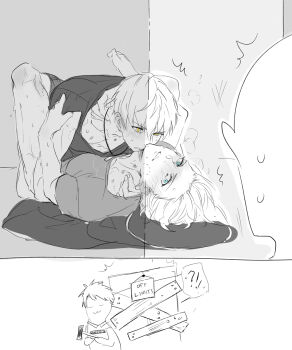 !? 3boys :3 ^^^ arthur_pendragon_(fate) arthur_pendragon_alter_(fate) bite_mark blue_eyes blush closed_eyes closed_mouth collarbone door dual_persona english_text fate/grand_order fate/prototype fate_(series) fingernails greyscale hair_between_eyes hammer hand_on_another&#039;s_neck hickey highres huffing jewelry looking_at_another lying male_focus monochrome multiple_boys necklace on_back pvc_parfait selfcest shirt short_hair short_sleeves shorts sign simple_background smile sweat t-shirt teeth v-shaped_eyebrows yaoi yellow_eyes