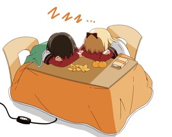 2girls absurdres blonde_hair book bow brown_hair chair crossed_arms female_focus food fruit funami_yui hair_bow head_down highres kotatsu mandarin_orange multiple_girls nanamori_school_uniform orange_(fruit) orange_peel plug school_uniform serafuku shigure_(sigre) short_hair simple_background sitting sleeping table toshinou_kyouko white_background yuruyuri zzz