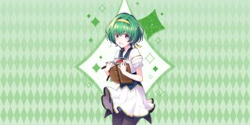 Rule 34 | 1girl, argyle background, black thighhighs, blue corset, blue sailor collar, book, breasts, corset, cowboy shot, dress, game cg, green background, green hair, hair intakes, hairband, highres, holding, holding book, lapis re:lights, large breasts, looking at viewer, lynette (lapis re:lights), official art, open book, open mouth, puffy short sleeves, puffy sleeves, purple eyes, sailor collar, school uniform, short hair, short sleeves, solo, sparkle background, thighhighs, third-party source, white dress, yellow hairband