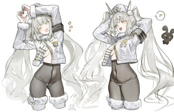 Rule 34 | 1girl, :d, animal ears, armband, arms behind head, arms up, belt, black armband, black pantyhose, black rabbit (animal), blanc (fortune express) (nikke), blanc (nikke), blush, boots, breasts, commentary request, covered navel, cropped legs, crotch seam, doro (nikke), fake animal ears, fang, four-finger heart hands, fur-trimmed boots, fur-trimmed jacket, fur-trimmed sleeves, fur trim, goddess of victory: nikke, grey hair, hair intakes, hair ornament, hat, head tilt, heart, heart hands, high-waist pantyhose, highres, jacket, long hair, looking at viewer, looking to the side, lunifish, medium breasts, multiple views, no bra, no pants, official alternate costume, official alternate hairstyle, open clothes, open jacket, open mouth, panties, panties under pantyhose, pantyhose, pom pom (clothes), pom pom hair ornament, rabbit ears, simple background, skin fang, smile, standing, thigh boots, twintails, underwear, very long hair, white background, white belt, white boots, white hat, white jacket, white panties, yellow eyes