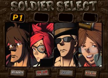 2boys 2girls 3d absurdres baiken black_hat blonde_hair brown_eyes brown_hair crossover glasses guilty_gear guilty_gear_strive hat headband highres johnny_(guilty_gear) kuradoberi_jam looking_at_viewer metal_slug mixed_media multiple_boys multiple_girls one-eyed open_mouth r4tanuki red_eyes red_hair scar scar_across_eye scar_on_face sol_badguy sunglasses