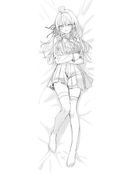 1girl ahoge alisa_mikhailovna_kujou bow bowtie commentary_request crossed_arms dakimakura_(medium) full_body greyscale highres long_sleeves lying momoko_(momopoco) monochrome no_shoes official_art on_back parted_lips school_uniform skirt smile solo thighhighs tokidoki_bosotto_roshia-go_de_dereru_tonari_no_alya-san unfinished zettai_ryouiki