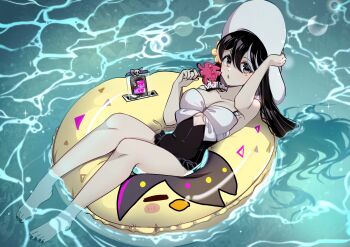 1girl absurdres black_hair black_nails black_one-piece_swimsuit breasts casual_one-piece_swimsuit cleavage commentary double-parted_bangs english_commentary food grey_streaks hair_between_eyes hat highres holding holding_food holding_popsicle innertube jewelry large_breasts legs long_hair looking_at_viewer lying melting_popsicle multicolored_hair nail_polish ocean on_back on_innertube one-piece_swimsuit open_mouth original outdoors popsicle ring ryuuxin sadie_(ryuuxin) soaking_feet solo streaked_hair sun_hat swim_ring swimsuit toenail_polish toenails water white_hat