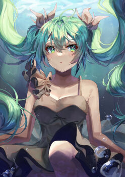 Rule 34 | 1girl, absurdres, aqua eyes, aqua hair, bare shoulders, black dress, blue eyes, blue hair, blush, breasts, cleavage, collarbone, commentary, dress, hair between eyes, hair ornament, hatsune miku, highres, long hair, looking at viewer, medium breasts, parted lips, shinkai shoujo (vocaloid), sleeveless, sleeveless dress, solo, twintails, underwater, very long hair, vocaloid, yoru usagi