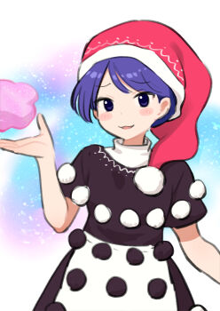 1girl :3 :d absurdres black_shirt blob blush_stickers commentary_request cowboy_shot doremy_sweet dream_soul gradient_background hand_up hat highres looking_at_viewer meis_(terameisu) nightcap open_mouth parted_bangs pom_pom_(clothes) purple_eyes purple_hair raised_inner_eyebrows shirt simple_background skirt smile solo swept_bangs touhou white_skirt
