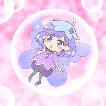 1girl :o bloomers blue_hat blush_stickers bubble bubble_background chibi commentary commission curled_fingers earrings fairy fairy_wings flower flower_as_hat full_body furrowed_brow green_leggings hat heart heart_earrings heart_in_eye highres in_bubble jewelry kato-shun key key_necklace leggings looking_at_viewer necklace no_nose open_mouth pink_background pixiv_commission pointy_ears puffy_short_sleeves puffy_sleeves purple_bloomers purple_eyes purple_hair purple_shirt purple_shoes purple_wings rilu_rilu_fairilu sanrio shirt shoes short_hair short_sleeves soap_bubbles solo sumire_(fairilu) swept_bangs symbol_in_eye underwear violet_(flower) wings