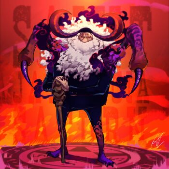 1boy absurdres alternate_form arthropod_limbs audiloki barefoot beard black_pants black_suit claws colored_sclera commentary curled_horns english_commentary english_text facial_hair fire formal_clothes full_body hagoromo highres horns jaygarcia_saturn long_hair looking_at_viewer male_focus monster_boy mustache old old_man one_piece pants pentagram red_background red_sclera scar scar_across_eye scar_on_face shawl staff standing suit summoning thick_beard white_facial_hair white_hair wrinkled_skin