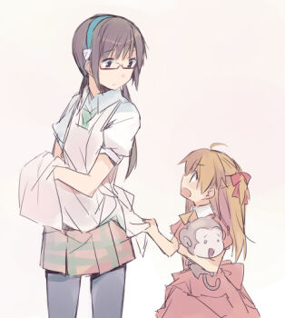 2girls age_difference ahoge apron apron_tug bad_id bad_pixiv_id black_legwear brown_hair doll dress_shirt glasses hair_ribbon hairband long_hair low_twintails makinami_mari_illustrious mizuki_(koko_lost) monkey multiple_girls neon_genesis_evangelion pantyhose plaid_clothes plaid_skirt rebuild_of_evangelion red-framed_eyewear ribbon shirt skirt skirt_set souryuu_asuka_langley twintails two_side_up