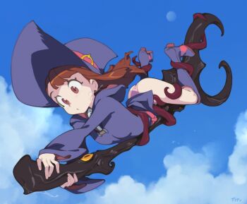 1girl ass blue_sky blush boots broom broom_riding brown_hair cloud cloudy_sky day dress flying hat highres holding holding_broom kagari_atsuko knee_boots little_witch_academia long_hair long_sleeves luna_nova_school_uniform optionaltypo outdoors panties pantyshot pink_panties purple_dress purple_hat red_eyes school_uniform sky solo underwear witch witch_hat