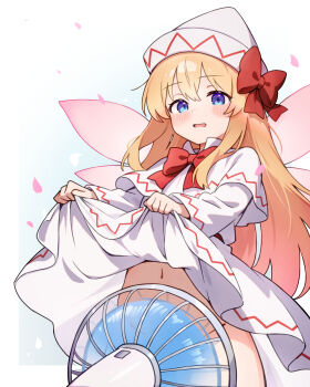 1girl :o blonde_hair blue_eyes blush bow bowtie capelet censored chikuzen1996 clothes_lift commentary dress dress_lift electric_fan fairy fairy_wings falling_petals fanning_crotch groin hat hat_bow highres lifting_own_clothes lily_white long_hair long_sleeves looking_at_viewer navel no_panties petals red_bow red_bowtie simple_background solo stomach straight_hair thighs touhou very_long_hair white_background white_capelet white_dress white_hat wings