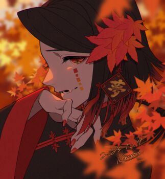 1boy 2023 artist_name autumn autumn_leaves black_hair black_shirt blurry blurry_background blurry_foreground chinese_clothes colored_tips dated demon_boy enmu_(kimetsu_no_yaiba) eyelashes facial_mark fang from_side hair_ornament hand_on_own_chin hand_up kawazu_(kwzuuun) kimetsu_no_yaiba leaf leaf_hair_ornament long_sleeves looking_at_viewer male_focus mandarin_collar medium_hair multicolored_hair outdoors parted_lips portrait profile red_eyes red_nails red_trim shirt signature skin_fang smile solo tassel tassel_hair_ornament tears_facial_mark trap wide_sleeves