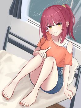 1girl :d absurdres arm_at_side bare_legs barefoot blue_skirt blush collarbone commentary dutch_angle feet full_body futamihara_ririko grin hair_between_eyes hand_on_own_knee high-waist_skirt highres index_finger_raised indoors knees_together_feet_apart knees_up legs limelight_lemonade_jam looking_at_viewer medium_hair minnku_0905 nail_polish on_bed open_mouth orange_nails orange_shirt ponytail rain red_hair shirt short_sleeves sidelocks single_bare_shoulder sitting skirt smile solo toenail_polish toenails toes window yellow_eyes