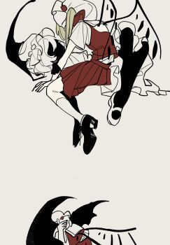 Rule 34 | 2girls, abstract, bat wings, black shoes, blonde hair, commentary request, crystal wings, dee (tannsumi), flandre scarlet, frilled hat, frills, hat, highres, hug, mob cap, multiple girls, one side up, pleated skirt, red skirt, red vest, remilia scarlet, shirt, shoes, short sleeves, simple background, skirt, touhou, vest, white hat, white shirt, wings, yellow background