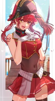 1girl black_choker black_hat black_leotard black_thighhighs blue_sky blush breasts choker cloud covered_navel cropped_jacket frilled_choker frills gloves hat heterochromia highres hololive houshou_marine houshou_marine_(1st_costume) large_breasts leotard leotard_under_clothes long_hair looking_at_viewer n-bata navel pirate_hat red_eyes red_hair red_skirt skirt sky solo thighhighs twintails virtual_youtuber white_gloves yellow_eyes