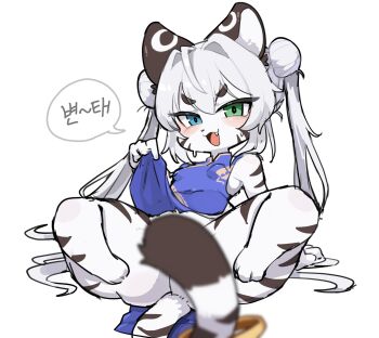 1girl animal_ears animal_print blue_eyes china_dress chinese_clothes clothes_lift convenient_censoring double_bun dress dress_lift fang furry furry_female green_eyes hair_bun heterochromia highres long_hair original pelvic_curtain pelvic_curtain_lift shortstack simple_background spread_legs tail tiger_ears tiger_girl tiger_print tiger_stripes tiger_tail tofffffu twintails white_background white_hair