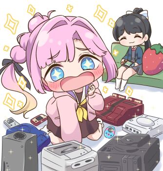 +_+ 2girls :3 :d ^_^ all_fours anyoji_hime awestruck black_ribbon blue_eyes blue_jacket blunt_sidelocks blush bow brown_dress closed_eyes collared_shirt commentary_request couch curtained_hair dress dress_shirt game_&amp;_watch game_boy game_boy_(original) game_console gradient_hair grey_dress hair_bow hair_intakes hair_ribbon handheld_game_console happy hasu_no_sora_school_uniform hazuki_ren high_ponytail highres holding holding_handheld_game_console hood hooded_jacket in-franchise_crossover jacket kneehighs link!_like!_love_live! long_hair long_sleeves love_live! love_live!_superstar!! medium_dress multi-tied_hair multicolored_hair multiple_girls neck_ribbon neckerchief nintendo nintendo_switch no_shoes on_couch open_clothes open_jacket open_mouth pinafore_dress pink_hair pink_jacket pleated_dress ponytail raised_inner_eyebrows red_ribbon ribbon ritaso sailor_collar sailor_dress school_uniform shirt short_dress sidelocks sitting sleeveless sleeveless_dress smile socks sparkle stuffed_food stuffed_strawberry stuffed_toy super_famicom tamagotchi tamagotchi_(classic) tamagotchi_(virtual_pet) trait_connection two-tone_hair very_long_hair virtual_pet_(toy) virtual_youtuber white_bow white_sailor_collar white_shirt white_socks winter_uniform xbox_series_x yellow_neckerchief yuigaoka_school_uniform